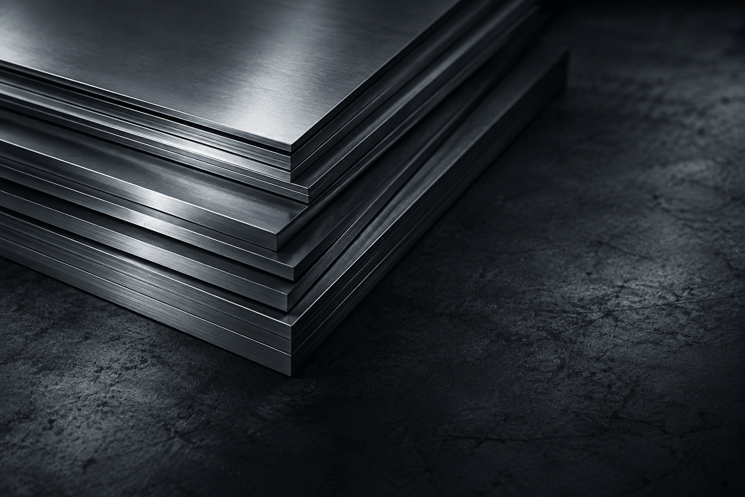 A precisely aligned stack of cold-rolled steel sheets on a dark surface