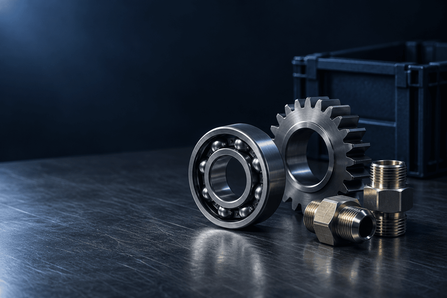 Precision bearings, a machined gear and threaded fittings arranged on a dark workbench